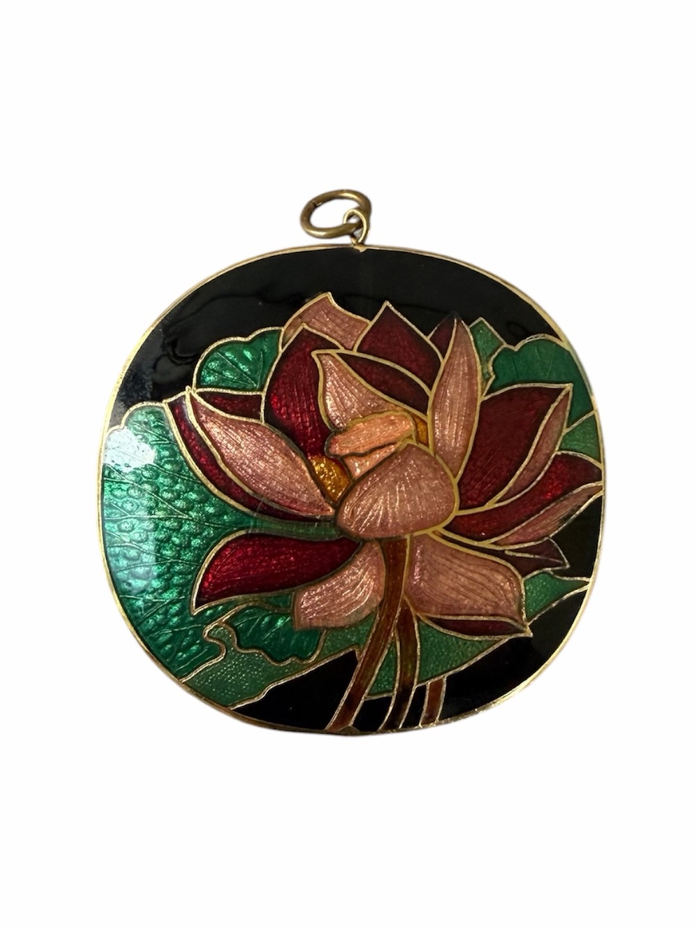 Vintage Cloisonné Lotus Flower Pendant – Black, Red, Pink & Green Floral Enamel